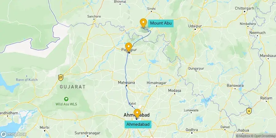 Ahmedabad to Mount Abu road trip route map.