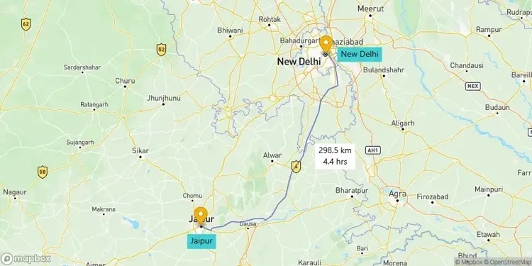 Delhi to Jaipur map