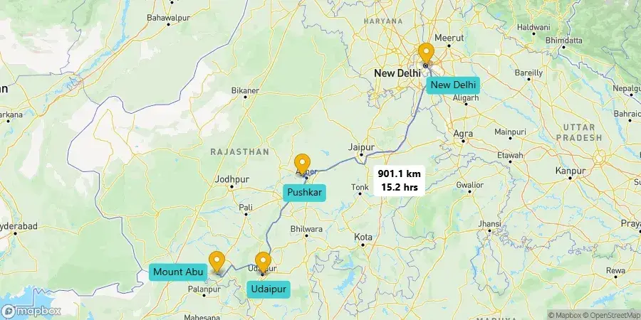 Delhi to Mount Abu road trip route map.