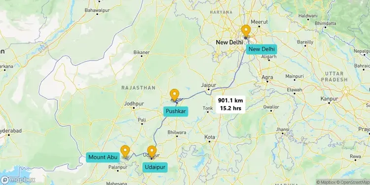 Delhi to Mount Abu map
