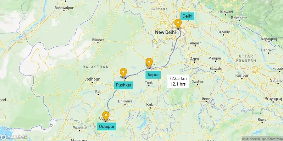 Delhi to Udaipur road trip route map.