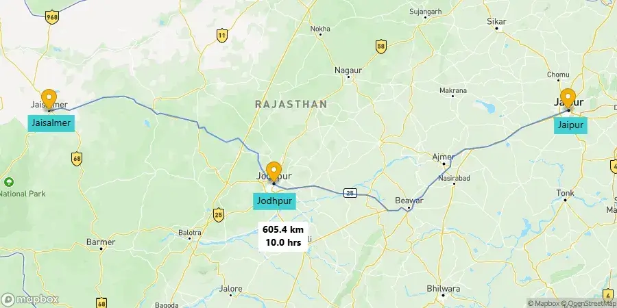 Jaipur to Jaisalmer road trip route map via Jodhpur.