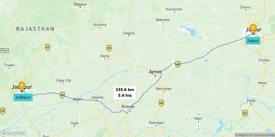 Jaipur to Jodhpur road trip route map.
