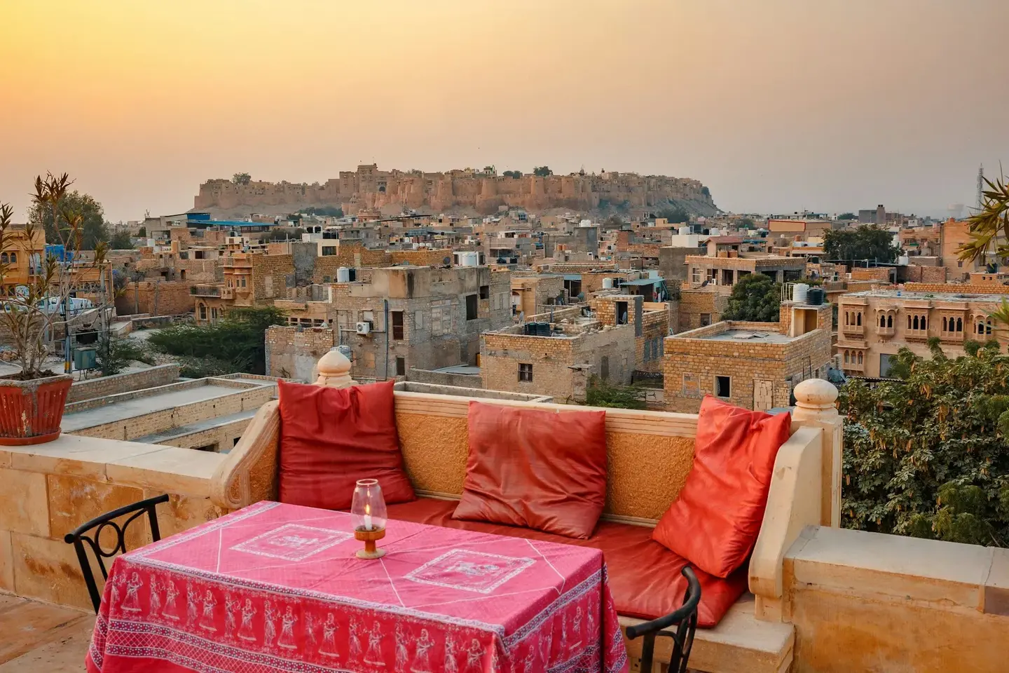 Jaisalmer city skyline viewed from Lalgarh Fort hotel balcony.