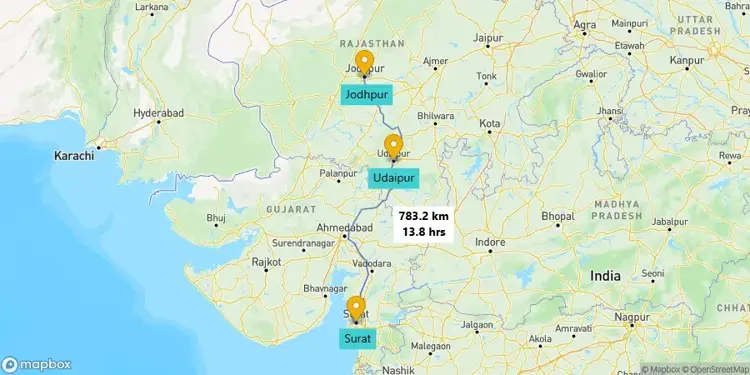 Surat to Jodhpur Road Trip via Udaipur map