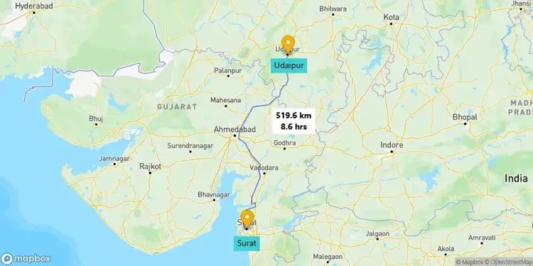 Surat to Udaipur Road Trip map