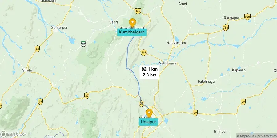 Udaipur to Kumbhalgarh road trip route map.