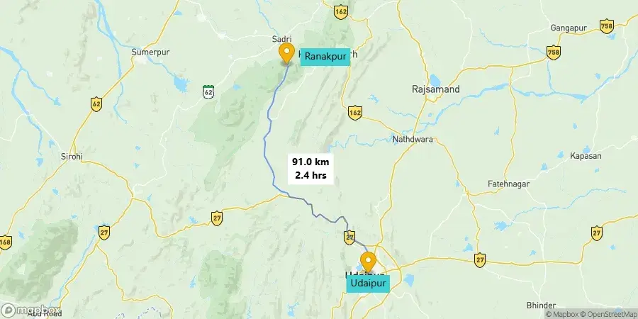 Udaipur to Ranakpur road trip route map.