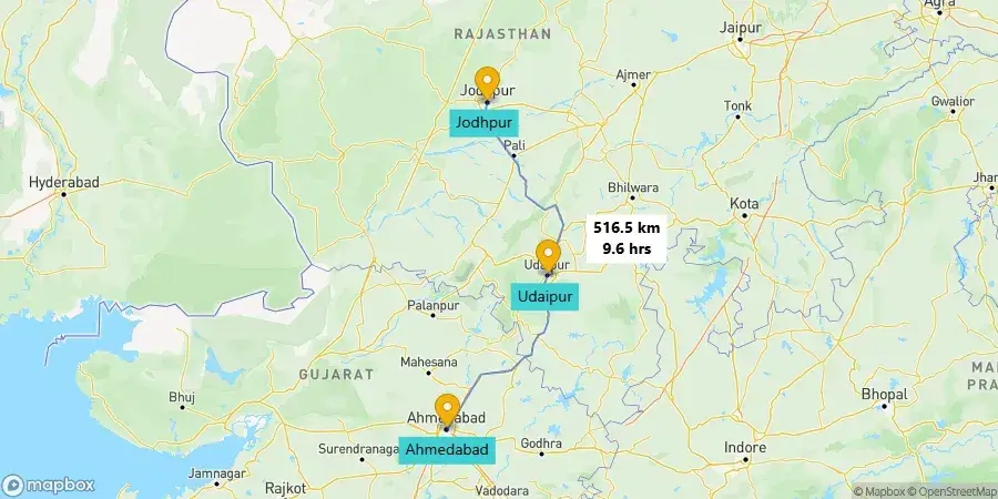 Ahmedabad to Jodhpur road trip route map via Udaipur.