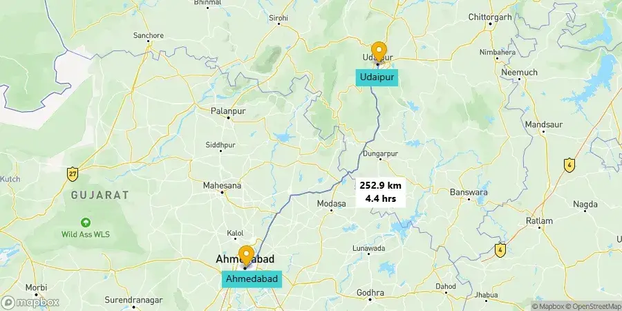 Ahmedabad to Udaipur road trip route map.