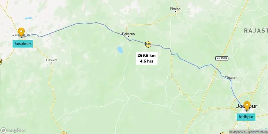 Jodhpur to Jaisalmer road trip route map.