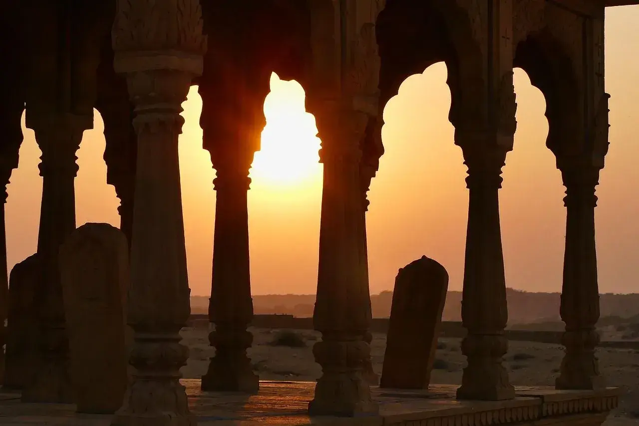 Sunset view of Jaisalmer city and surrounding desert landscape in Rajasthan.