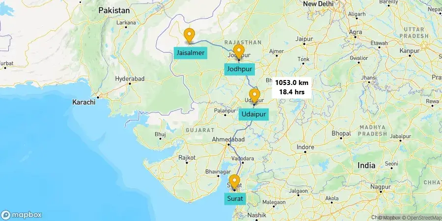 Surat to Jaisalmer road trip route map via Udaipur and Jodhpur.