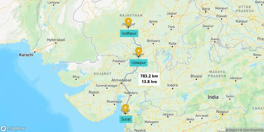 Surat to Jodhpur road trip route map via Udaipur.