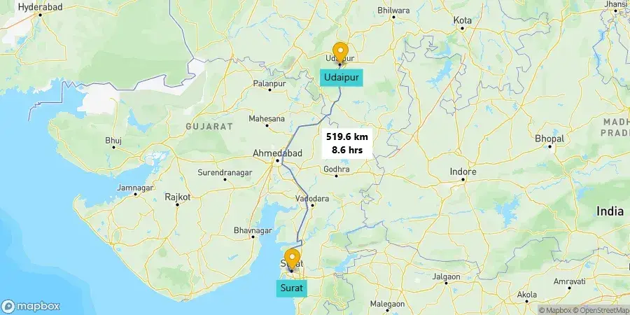 Surat to Udaipur road trip route map.