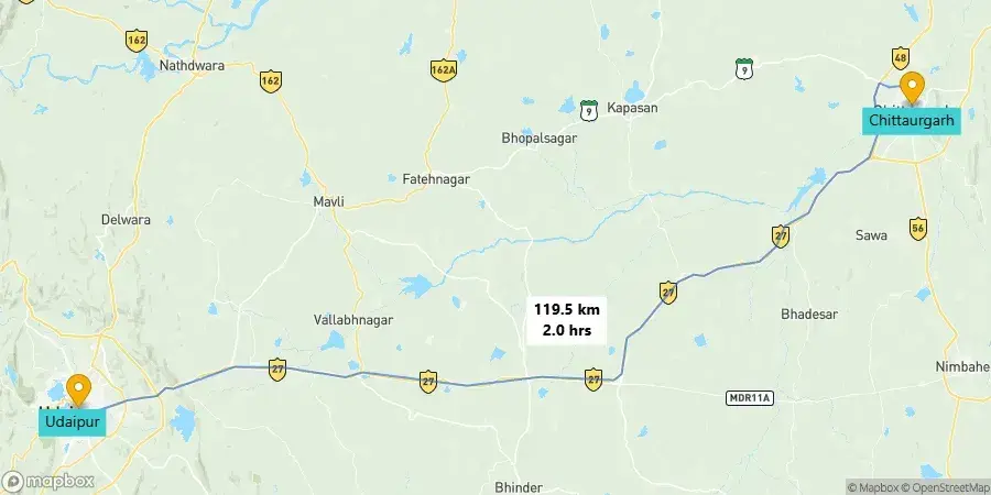 Udaipur to Chittorgarh road trip route map.