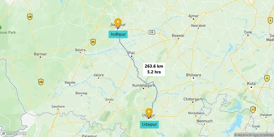 Udaipur to Jodhpur road trip route map.