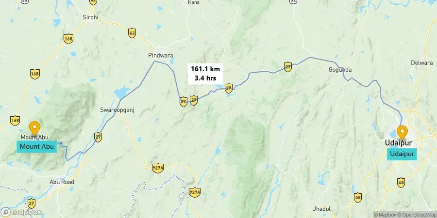Udaipur to Mount Abu road trip route map.